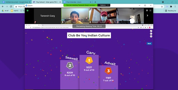 Screen shot of Taneesh and Club Be You members playing a Kahoot game.