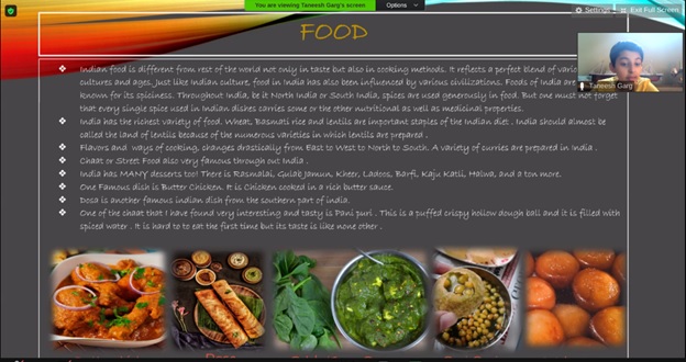 Slide from presentation showing food from India like butter chicken, dosa, Palak/Saag Paneer, pani puri, Gulab Jamun