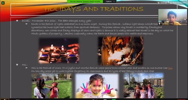 Slide from presentation showing holidays and traditions of India such as Gandhi Jayanti, Diwali, Holi Festival of colors