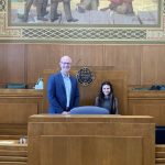 Lea meeting with Timothy Sekerak Chief Clerk of the Oregon House in the house chambers.